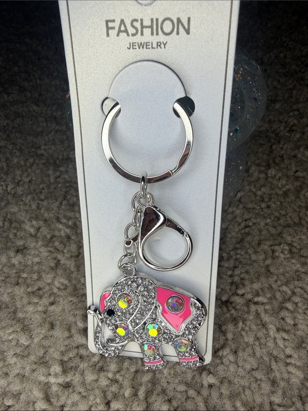 Fashion Jewelry Pink and Silver Crystal Elephant Keychain